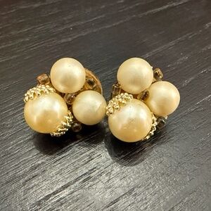 Vintage Japanese Faux Pearl Gold Tone Earrings, 1960s, Costume Jewelry